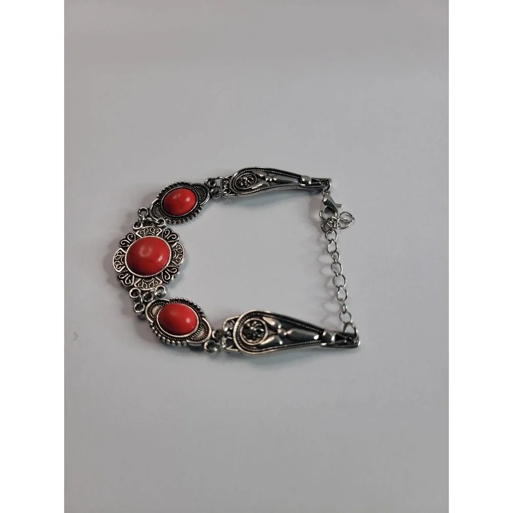 Silver Tone Red Cabochon Filigree Statement Bracelet Adjustable Boho